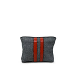 Black textured pouch with red stripes on a white background
