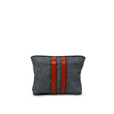Black textured pouch with red stripes on a white background