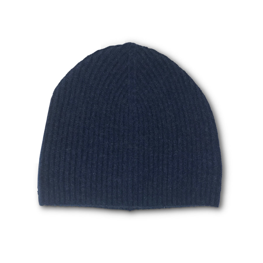 Cashmere Ribbed Beanie Hat - Navy