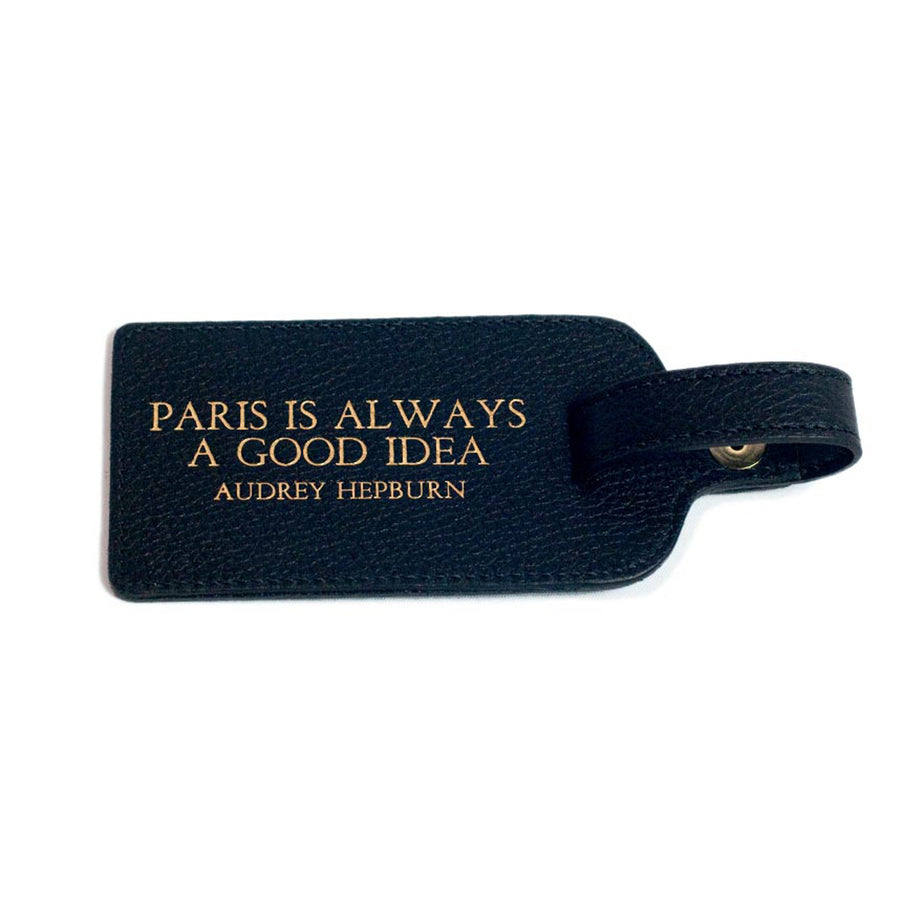 Black Leather Luggage Tag - Audrey Hepburn Quote