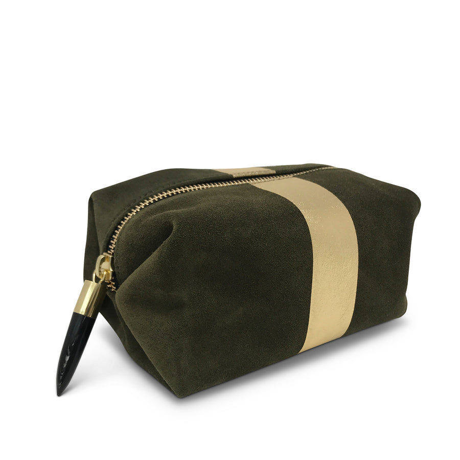 Olive Suede/gold Stripe Cosmetic Case