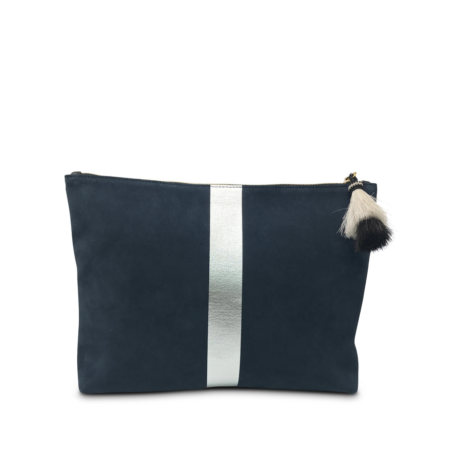 Navy/silver Striped Suede & Leather Medium Pouch